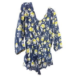 C and C Cali Floral Blue and Yellow Blouse Peplum Blouse XL